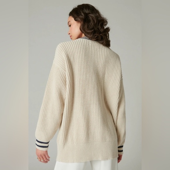 Lucky Brand Women's Medium Straw Heather Textured Stripe Varsity Sweater Relaxed - Picture 5 of 14